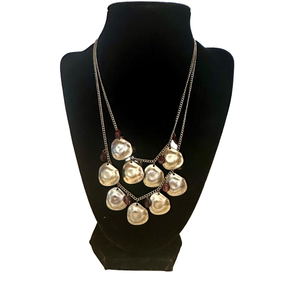 Aerie Double Layered Gold Statement Necklace Red Accent Stones Adjustable 17.5”